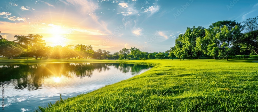 Poster Sunset light reflecting on a green grass field beside a tranquil lake and the sky in the background creating a serene park setting with copy space image