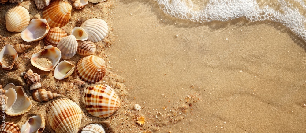 Aufkleber beach background with sea shells scattered on sand creating a picturesque scene with copy space imag