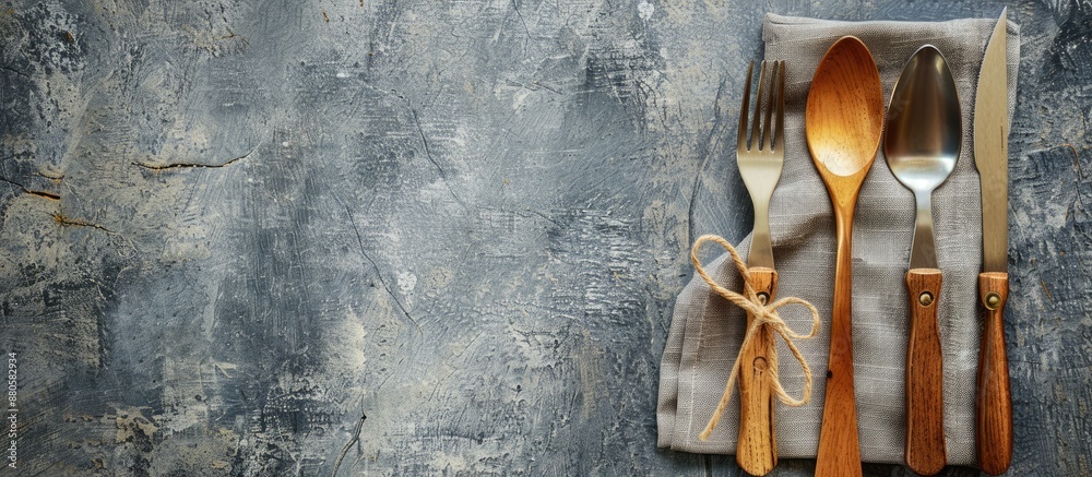 Poster Cutlery and napkin arranged on a concrete background with a copy space image