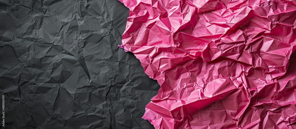 Aufkleber pink crumpled paper scrap on a black background with a clear copy space image