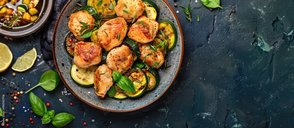 Aufkleber healthy food of chicken cutlet and zucchini displayed in a top view with copy space image
