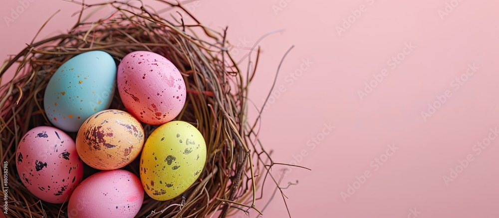Leinwandbilder Vibrant Easter eggs nestled in a nest on a soft pink backdrop creating a simplistic holiday setting with copy space image