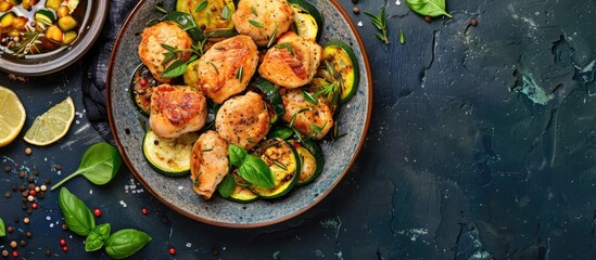 Healthy food of chicken cutlet and zucchini displayed in a top view with copy space image