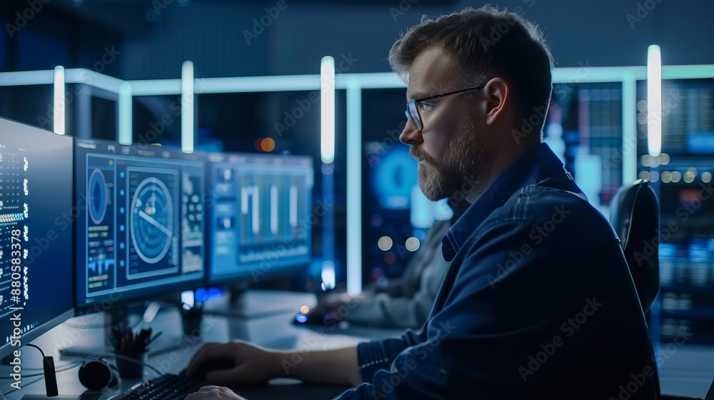 Poster male programmer focused on coding at computer desk in modern office environment with multiple monito