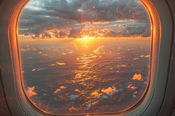Fototapeta premium Airplane window view at sunset.