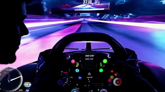 Hand with controller or racing wheel. Player video computer pc. speed racing game station holding joystick. Streamer man wearing headphone playing racing game online in the darkroom. 