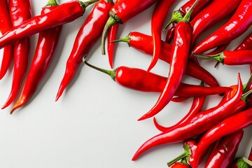A cluster of red chili peppers on a white surface