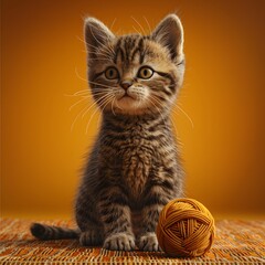 Adorable tabby kitten sitting on orange background with yarn ball, perfect for pet lovers and cute animal enthusiasts.