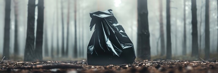 Uncomfortable scene with big black garbage bag in the foggy forest. Environment pollution or crime scene illustration.