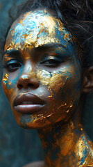 A Golden And Blue Painted Gorgeous African Female Model Portrait Abstract Grunge Oil Painting On Blurry Background