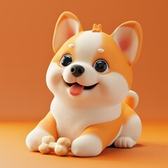 Naklejka premium Adorable 3D cartoon corgi puppy with big eyes and a playful expression on an orange background.