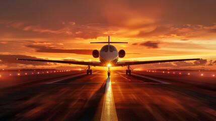 Luxurious private jet gaining speed on airport runway, taking off into stunning sunset sky. Vibrant hues paint evening sky as aircraft accelerates towards destination, exuding wealth and success