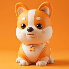Naklejka premium Cute 3D cartoon corgi character with a happy expression, sitting against an orange background, perfect for children's content.