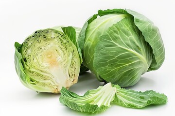 Obraz premium Fresh green cabbage cut in half on white background