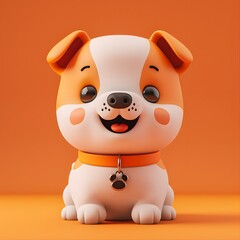 Fototapeta premium Cute cartoon puppy illustration with orange background, featuring a happy dog with an orange collar, perfect for kids and animal lovers.