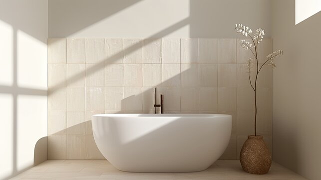 A serene bathroom with minimalist fixtures and a neutral color scheme creating a spa-like atmosphere perfect for relaxation and rejuvenation Illustration, Image, , Minimalism,
