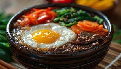 Traditional Korean dish bibimbap with fried egg, beef, vegetables.