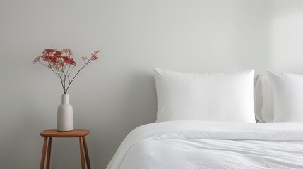 A serene bedroom with minimal furnishings and a calming color palette creating a peaceful and restful environment ideal for a good night's sleep Illustration, Image, , Minimalism,