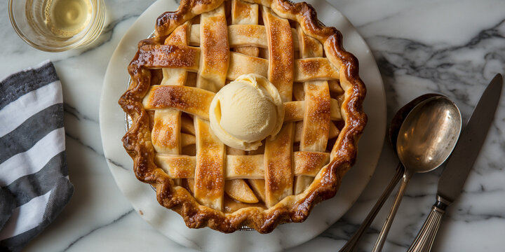 Overhead shot of lattice-topped apple pie à la mode. golden, flaky crust with caramelized edges, vanilla bean ice cream melting slightly, Thanksgiving, Christmas and Holiday concept images