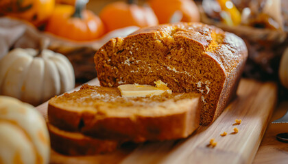 Pumpkin bread photo with slices and butter spread , closeup indoors on a kitchen counter morning light soft warm tones