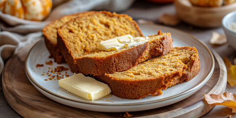 Pumpkin bread photo with slices and butter spread , closeup indoors on a kitchen counter morning light soft warm tones