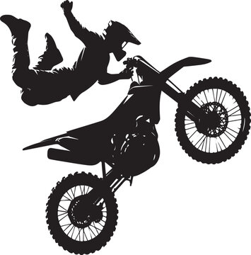 Realistic silhouette of a motocross rider, man is doing a trick, isolated on white background. Enduro motorbike sport transport. Vector illustration	