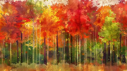 Capturing the beauty of an autumn forest with vibrant colors and delicate details, this watercolor painting showcases trees ablaze in red, orange, and yellow hues