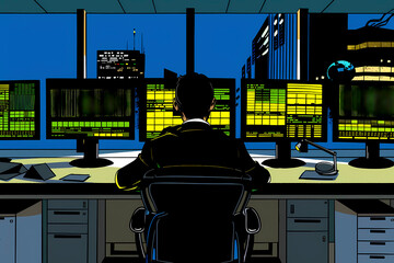 A professional trader intensely monitoring several computer screens with green-lit data displays in a modern office building during nighttime, symbolizing financial diligence.