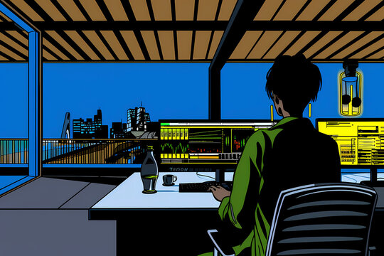An individual sitting at a modern desk working on multiple monitors with a city skyline visible through large windows at night, conveying focus and dedication.
