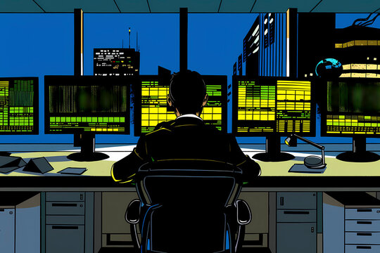 A professional trader intensely monitoring several computer screens with green-lit data displays in a modern office building during nighttime, symbolizing financial diligence.