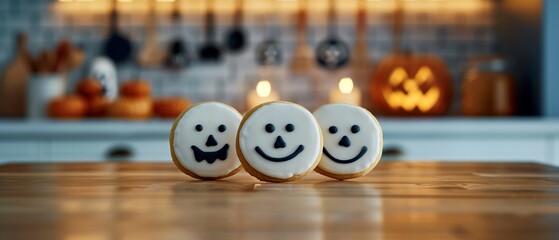 Crafted haunted cookies with monster faces and ghost decorations, candlelit kitchen, Halloween, Illustration, Spooky and festive
