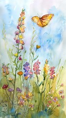Bright orange and black butterfly flying above colorful wildflowers in a field, a watercolor painting illustrating the beauty of nature