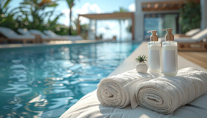 Fototapeta premium lotion and spray bottle mockup on a beautiful swimming pool generated by AI