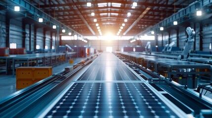 Automated solar panel assembly line with industrial robots in modern factory setting


