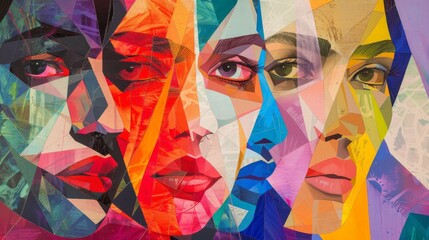 Artistic illustration representing four women faces with a colorful and geometric collage style, for themes like beauty diversity, modern art and female portrait
