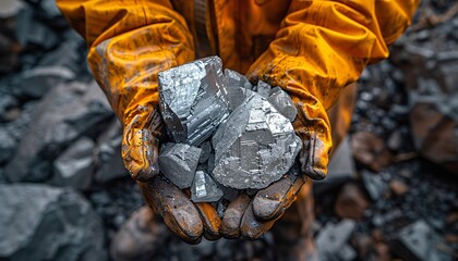 Miners examining platinum, silver, or rare earth minerals found in a mine.