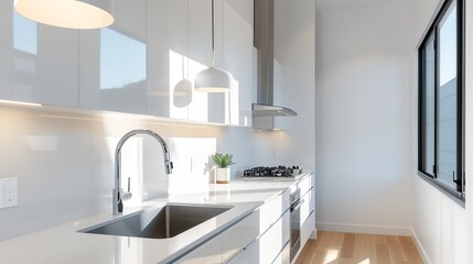 A bright and airy kitchen with sleek cabinetry and minimalist design elements creating a functional and stylish space for cooking and entertaining Illustration, Image, , Minimalism,