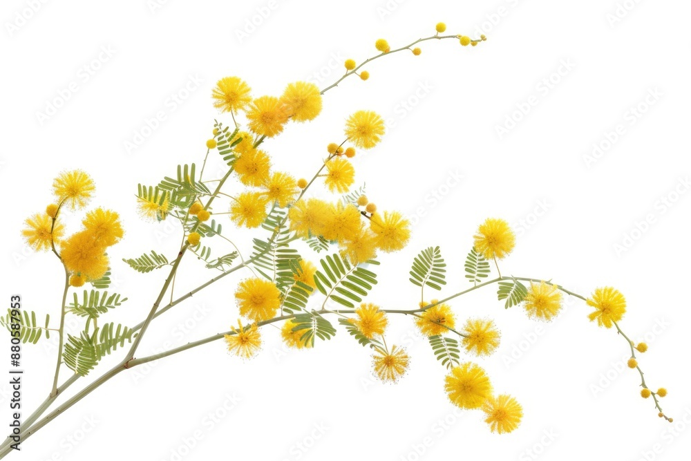 Poster A single stem of bright yellow flowers grows on a pure white background, perfect for highlighting a message or adding a pop of color to your design