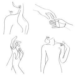 Png woman’s body gestures feminine line art black illustration set