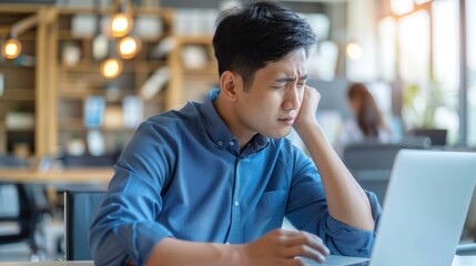 Stress, burnout, and neck pain Asian man with headache, anxiety, and depression working with laptop on report, audit in office. Frustrated and tired businessman with mental health overworked
