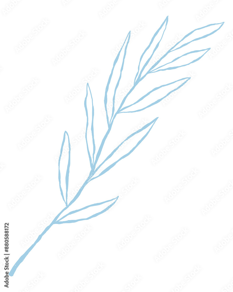 Sticker leaf png cute blue doodle illustration with branch