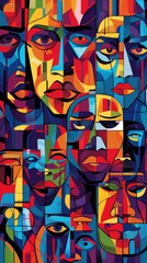 Vibrant artwork celebrating diversity with faces in abstract cubism. Bold colors and geometric shapes express human emotions