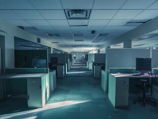 Desolate office space bathed in sunlight seeping through windows.