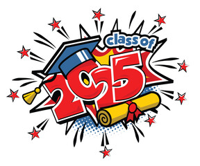 2025 class graduate header. Decorate congratulation for school graduates in comic cartoon style. Vector on transparent background