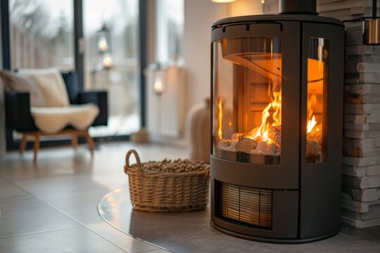 A pellet stove in a living room , flames visible through the glass door
