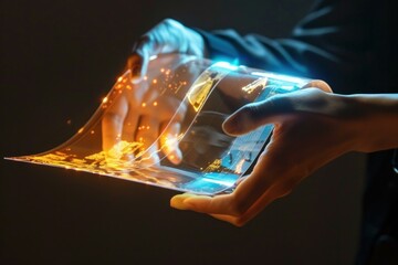 Businessman holding flexible transparent tablet showing hologram
