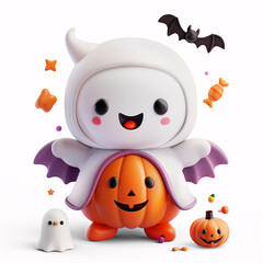 Naklejka premium Whimsical Kawaii Halloween Character with PumpkinsBatsGhostsand Candies in Playful 3D Rendering