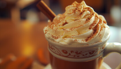 Pumpkin spice latte photo with whipped cream and cinnamon stick , closeup indoors in a cozy coffee shop soft ambient lighting warm tones