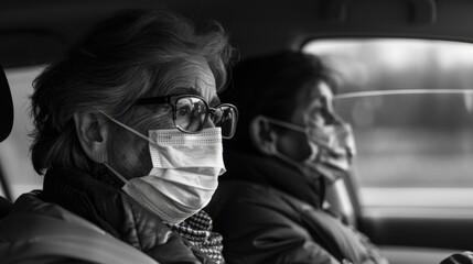 A person wearing a face mask drives in a vehicle