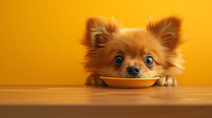 Cute Pomeranian dog with big eyes looking at camera, patiently waiting for food, against a vibrant orange background.